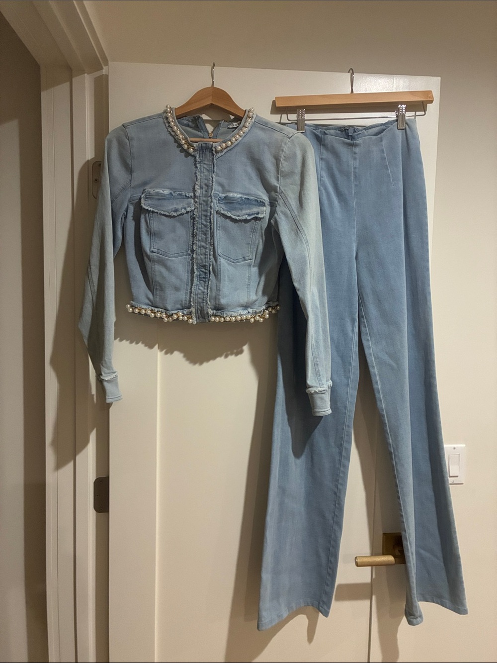 Fashion Nova Light Blue Denim Pearl-Trim Jacket & Flare Jeans Set Small